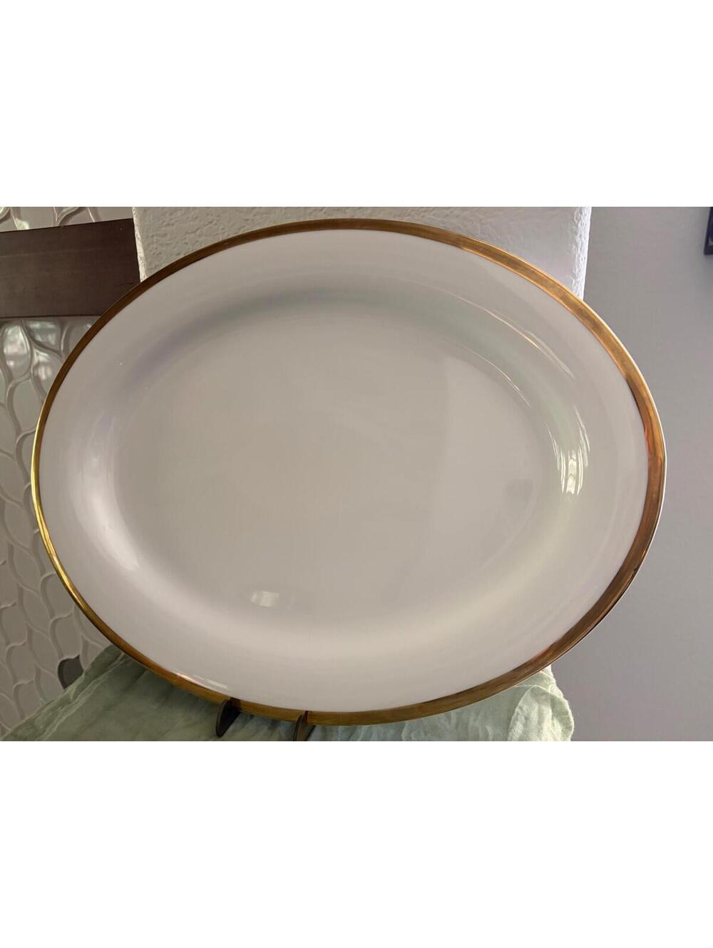 Pottery Barn gold Rim 16.75" Oval Serving Platter Platinum Rim Japan